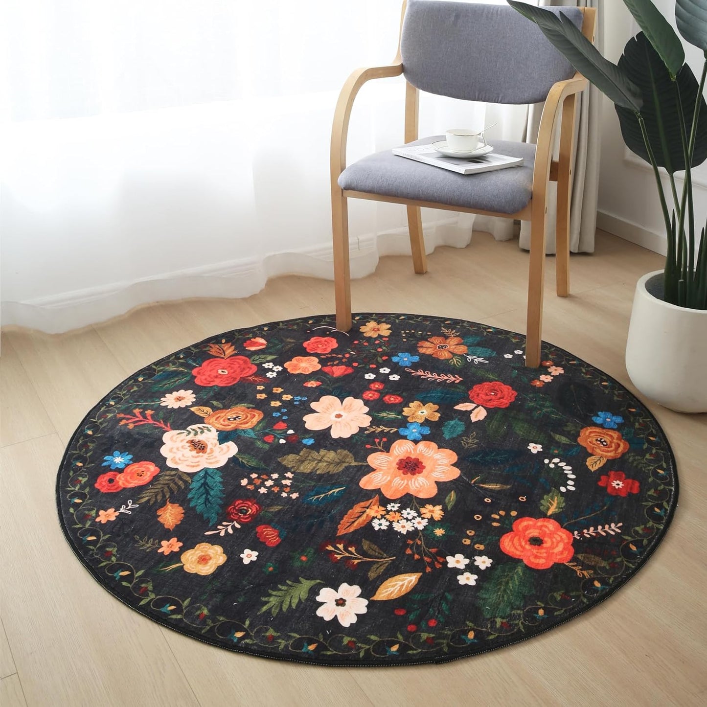 Rugcomf Round Rug 4ft Washable Circle Rug Non Slip Low Pile Boho Floral Small Circular Rug for Bedroom, Bathroom, Entryway, Kids Room, Office, College Dorm(Black)