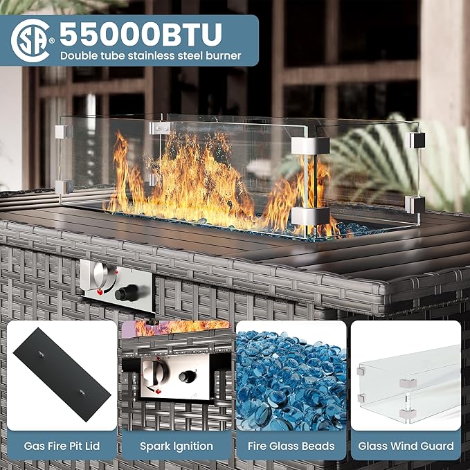 13 Piece Patio Furniture Set with Fire Pit Table, Outdoor Sectional Conversation Sets Grey Wicker Rattan Sectional Sofa for Patio Garden Backyard, 4'' Thickened Cushion Black
