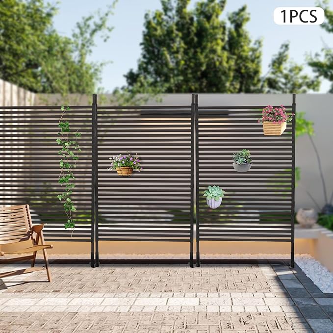 Outdoor Privacy Screens Freestanding, 43" W x 71" H Metal Slatted Decorative Screen and Panels with Stand, Brown Backyard Privacy Panels for Garden Patio