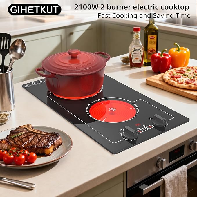 Electric Cooktop,110V 2100W Stove top,9 Power Levels, Kids Lock & Timer, Hot Surface Indicator, Overheat Protection,knob and touch control 2 burner Electric cooktop
