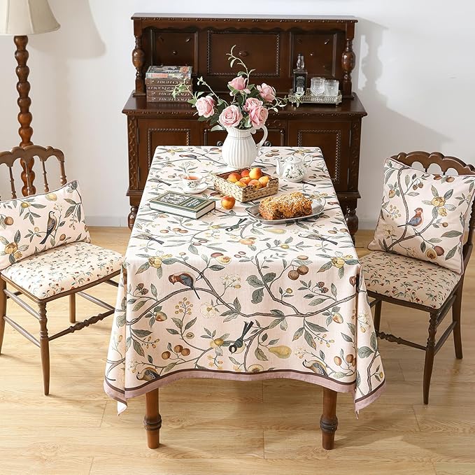 Linen Square Pink Tablecloth,Wrinkle Resistant French Vintage Tablecloth Print with Foral,Decor Table Cloth for Thanksgiving,Dining Room,Home,Kitchen 55" × 55"-Dewey A