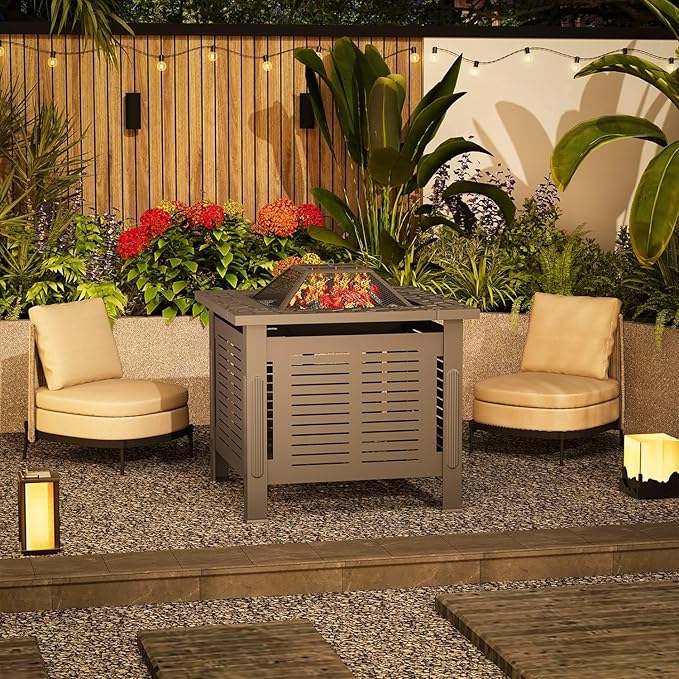 U-MAX Fire Pit Table, 30 Inch Wood Burning BBQ Grill Firepits, Metal Fireplaces with Waterproof Cover, 3 in 1 Fire Pits for Outside Party Barbecue Camping Picnic on Deck Backyard Garden, Black