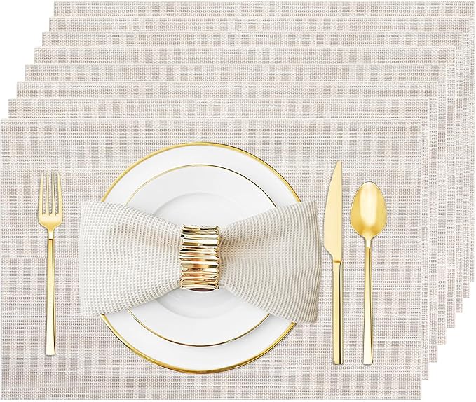 Placemats Set of 8 Washable&Wipeable Place mats for Dining Table Kitchen Indoor Outdoor Table Mats Heat Resistant Non Slip Woven Vinyl Table Placemats (Beige，8PCS)