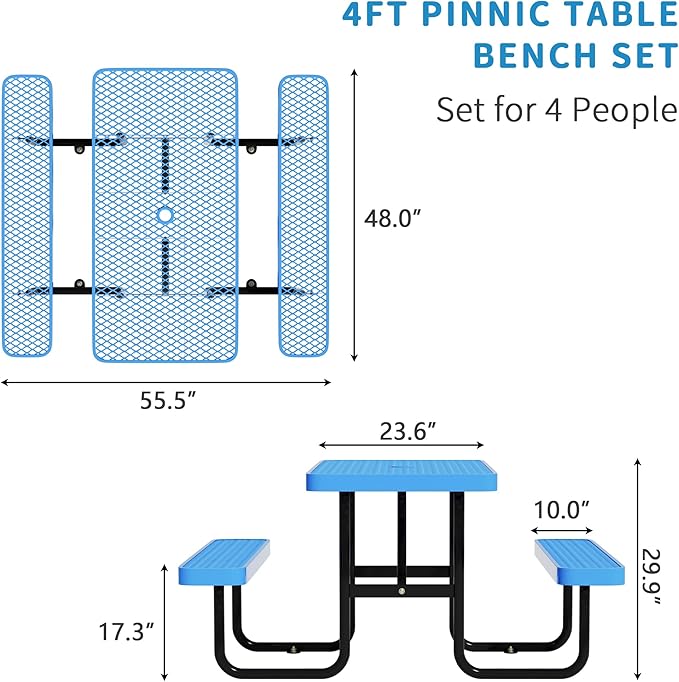 4FT Rectangular Metal Picnic Table for Outdoors, Commercial Steel Metal Picnic Tables, Heavy Duty Sturdy Picnic Tables Furniture Set for Patio Garden Courtyard BBQ, with Umbrella Hole, Blue