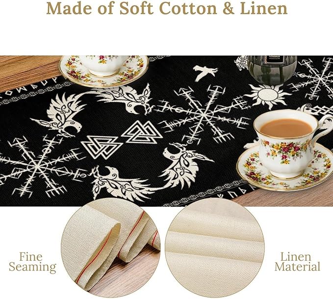 Viking Table Runner, Black Viking Tree of Life Raven Helmet of Awe Table Runner for Kitchen Dining Home Party 13x120in