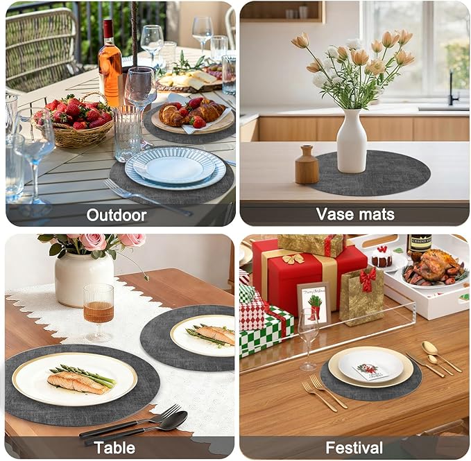 Round Faux Leather Placemats and Coasters, Set of 4, Reversible Heat Resistant Non-Slip Table Mats, Waterproof Wipeable Place Mats for Dining Table, Washable for Indoor & Outdoor (4, Dark Grey)