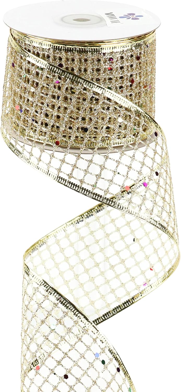 MEEDEE Champagne Gold Glitter Ribbon - 2.5 Inch Square Mesh Net Wired Ribbon with Rainbow Sparkle for Christmas Tree Decoration, Wreath Bow Making (25 Yards)