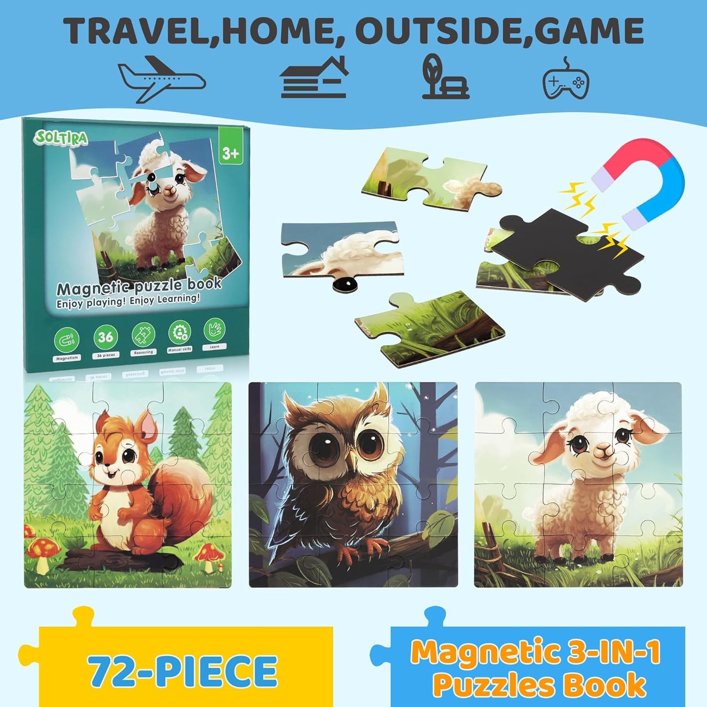 Puzzles for Kids Ages 3-5 2PK-72PCS-6 Animal Themes Magnetic Puzzles for Kids 4-6 Travel Puzzle for Airplane/Car/Road Trip/Gift Toys for 3 4 5 6 Year Old Girls and Boys