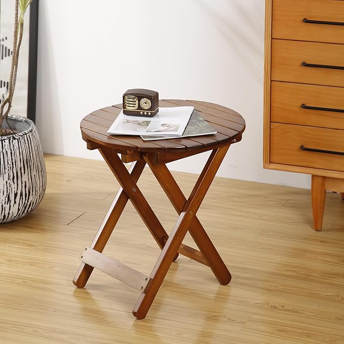 Small Round Folding Side Table Set of 2, Patio Foldable Wooden Outdoor End Tables for Indoor Porch Camping Living Room Bedside Couch, as Coffee Table or Plant Stand, Brown