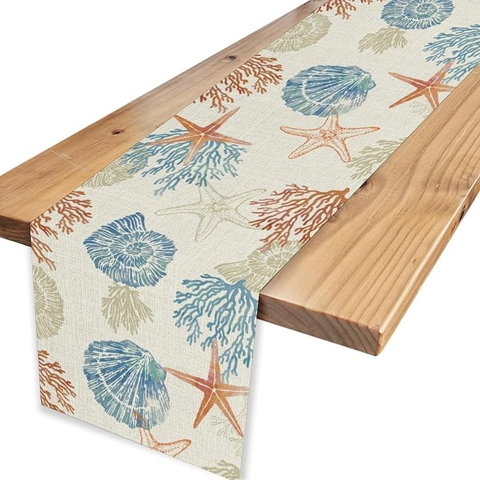 Coastal Table Runner, Rustic Farmhouse Nautical Starfish Seashells Coral Tropical Ocean Beach Blue Summer Coffee Table Center Decor for Home Kitchen Dining Indoor Outdoor Table Decorations, 13"x72"