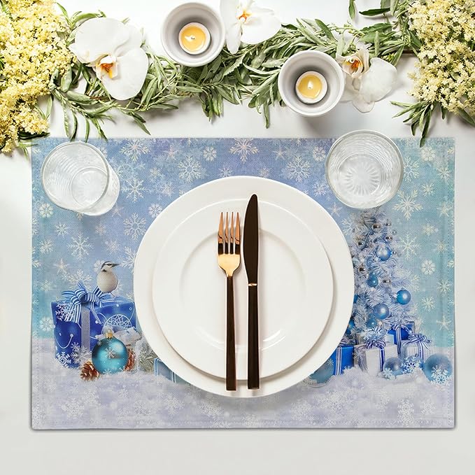 Giwawa Blue Snowman Placemats Set of 4 Christmas Trees Balls Winter Snowflakes Linen Place Mat Xmas Snow Scenery Non Slip Heat Resistant Table Mats 12"x18" for Kitchen Dining Holiday New Year Decor