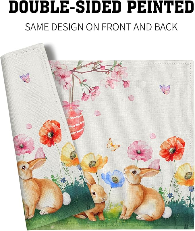 Giwawa Easter Placemats Set of 4 Spring Bunny Rabbits Flowers Place Mat 12x18 Inch Colorful Eggs Tree Floral Table Mats Washable Satin Resistance for Party Kitchen Dining Holiday Decor