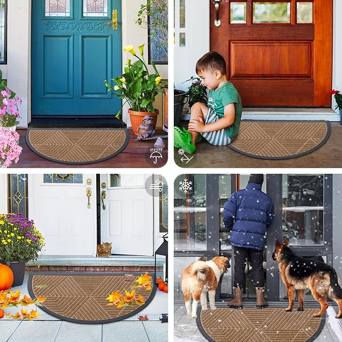 Smiry Half Circle Front Door Mat Outside Entrance, Heavy Duty Sturdy Natural Rubber Doormat, Trap Dirt and Moisture, Low Profile Mats for Indoor Outdoor Entry, Irregular Triangle (36x24, Coffee)
