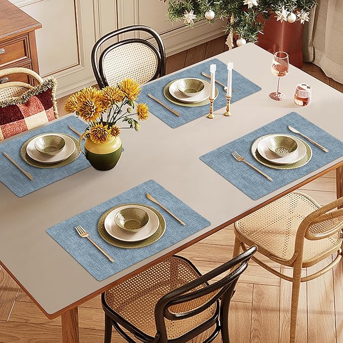 Faux Leather Heat Resistant Placemats Set of 6 – Waterproof Oilproof Wipeable Dining PU Vinyl Place Mat Easy Clean Table Mats for Kitchen/Dining/Party/Holiday, Blue