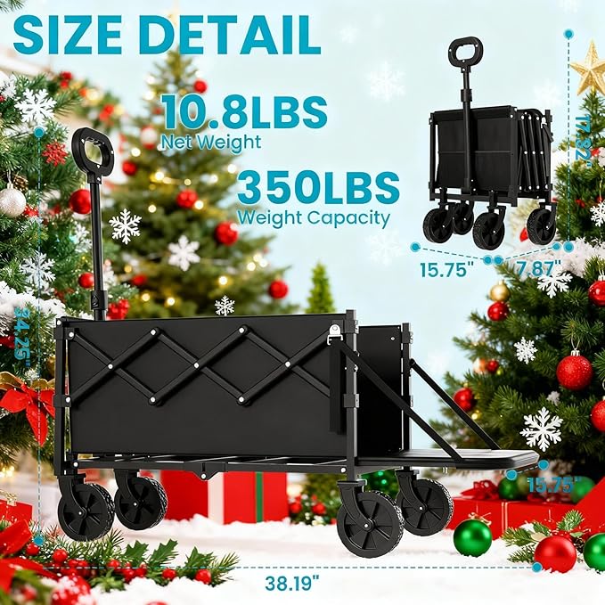 Small Collapsible Wagon with Tailgate, Wagons Carts Foldable with 350lbs Capacity, Lightweight Portable Utility Wagon Cart (Black)