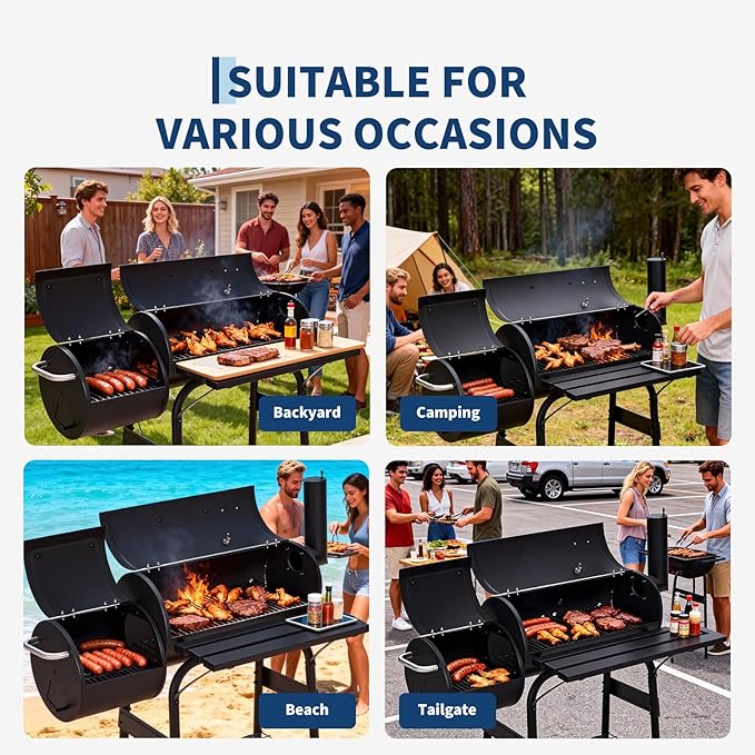 Garvee Charcoal Grills with Offset Smoker, Outdoor BBQ Grill with Handle and Wheels, Barrel Barbecure Smoker Grill Combo for Camping Picnic Patio Backyard Party
