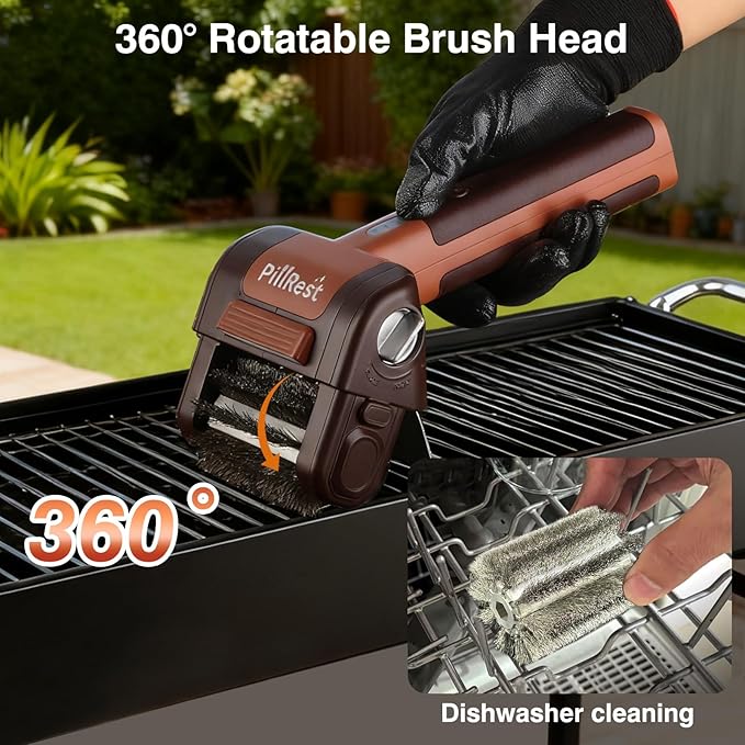 Electric Grill Brush, Cordless Rechargeable Grill Cleaner with LED Light - 950 RPM Spinning 304 Stainless Steel Head, Dishwasher-Safe BBQ Tool for Outdoor Grills