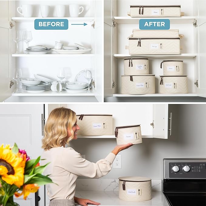 China Storage Hard Shell Containers 12-Piece Set Moving Boxes for Dinnerware, Glasses, Plates, Mugs and Saucers Sturdy Dish Organizer with Dividers for Seasonal Storage - Service for 12 -Beige Quilted