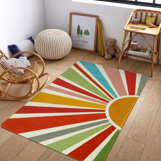 STARUIA Boho Washable Rug 3'x5' Kids Area Rug for Playroom, Colorful Kids Rugs for Bedroom, Non-Slip Throw Sun Carpet Soft Small Sunshine Rugs for Office Nursery Entryway Dorm