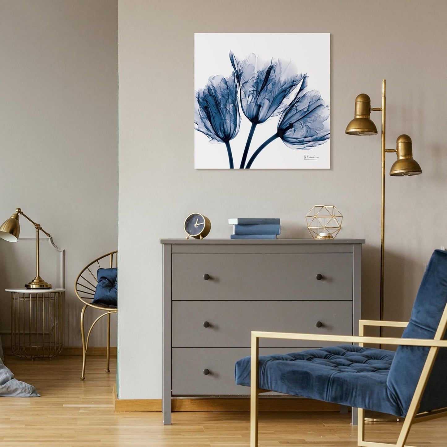 Empire Art Direct - TMP-AK011A-2424 Blue Tulip X-Ray Flower Wall Art on Frameless Free Floating Tempered Glass Panel Ready to Hang, Living Room, Bedroom ＆ Office, 24" x 24" x 0.2"