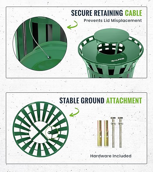 Alpine Commercial Outdoor Trash Can - 38 Gallon Heavy Duty Green Recycle Garbage Can with Liner, Flat Lid and Rain Bonnet Lid, All Weather Resistant Large Outside Trash Can for Parks, Parking, School