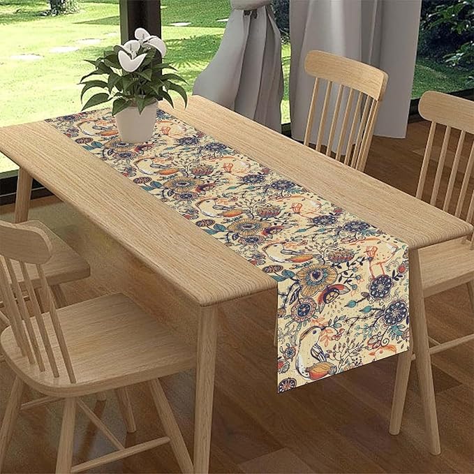 Beige Paisley Table Runner, Rustic Damask Antique Floral Flower Retro Boho Swirled Pattern Print Vintage Table Center Decor for Family Kitchen and Living Room Indoor Table Decorations, 13" X 90"