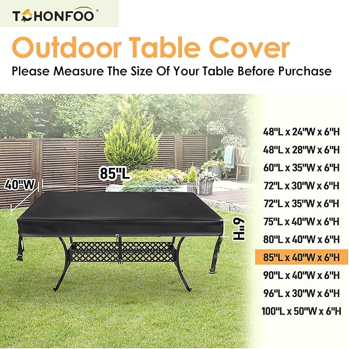 TOHONFOO Rectangular Patio Table Cover - Waterproof Anti-UV Outdoor Table Cover - Outdoor Patio Furniture Cover 85" L x 40" W x 6" H