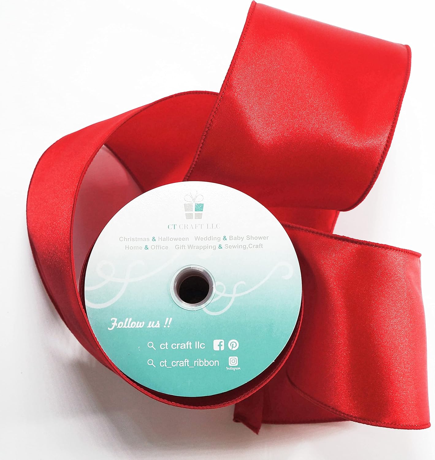 CT CRAFT LLC Satin Wired Ribbon 4 Inch x 20 Yards Red for Christmas Home Décor Gift Wrapping Tree Topper Bow Wreath DIY Crafts,