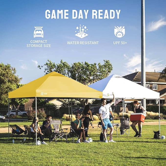 CROWN SHADES 8x8 Pop Up Canopy - Beach Tent with One Push Setup - Easy Outdoor Sun Shade for Events, Parties, Camping - Gazebo with STO-N-Go Cover Bag, Silver Coated Top, Yellow