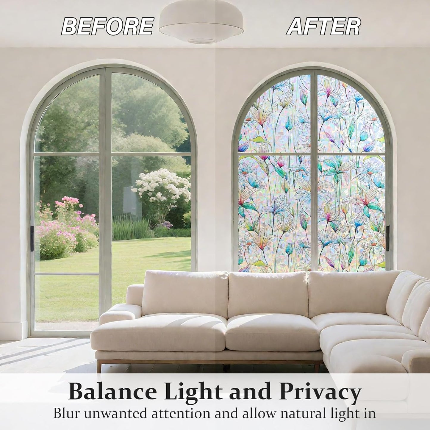 Donox Decorative Window Privacy Film, 3D Floral Stained Glass Window Film Static Cling Rainbow Privacy Sticker for Glass Door Heat Control Anti UV, No Adhesive (Magnolia,17.5 x 157.4 inches)