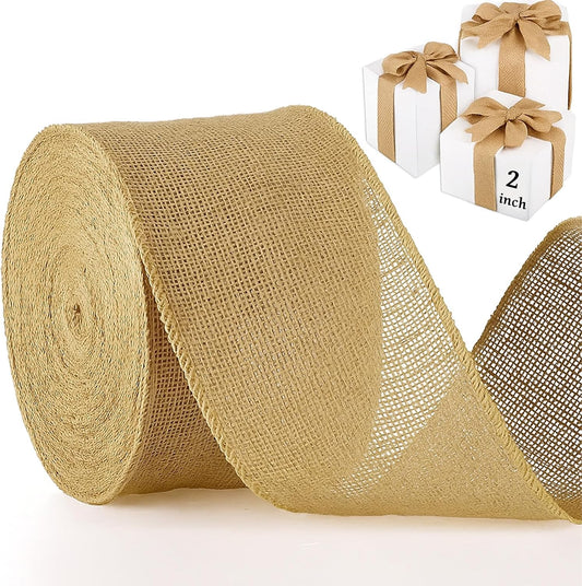 Chuangdi 40 Yard 2 Inches Burlap Ribbon Wide Jute Ribbon Natural Burlap Fabric Roll Wired Edge for Wreaths, Christmas Tree Decoration, Big Bow Crafts, Gift Wrapping, Wedding