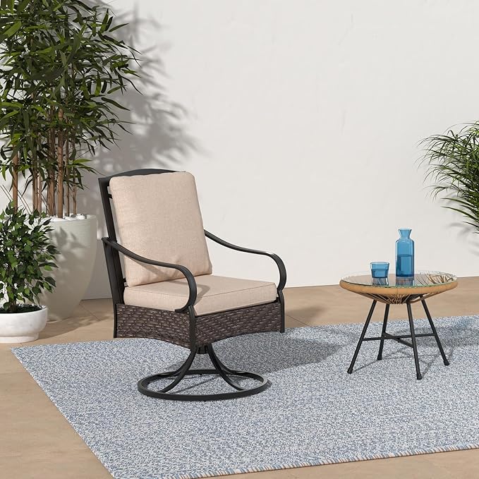 PHI VILLA Patio Swivel Chairs Set of 6, Heavy Duty Outdoor Metal Wicker Dining Chair with Thickened Cushions, Large All Weather Wrought Iron Deck Chair Lawn Furniture Support 300lbs