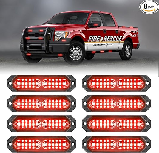 HLauto 1200T Emergency Strobe Grille Lights: 8pcs 12 LED Sync Feature Safety Warning Flashing Lights, Ultra Slim Surface Mount Hazard Caution Lights for Trucks, Vehicles, Car, ATV, UTV (Red)
