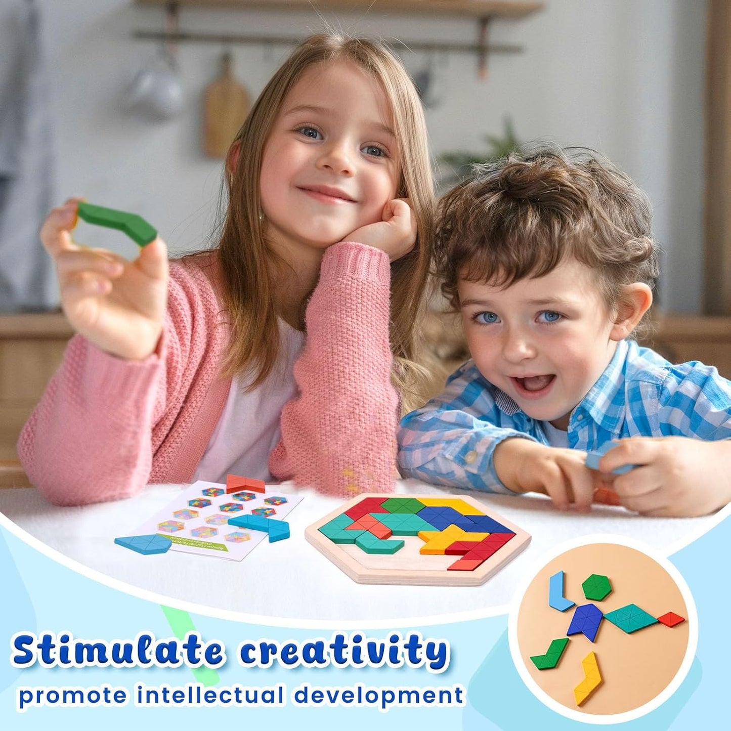 3 otters Wooden Puzzles for Kids, Educational Brain Teaser Game, Shape Sorting Board with Guide Book, Montessori Learning Toys