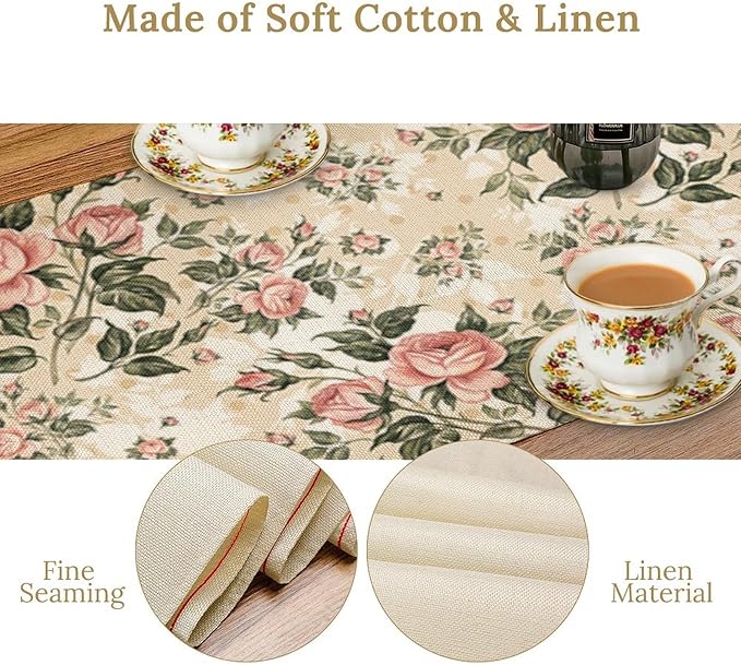 Rose Floral Table Runner,Vintage Watercolor Spring Summer Seasons Flowers Table Decoration for Wedding Holiday Indoor Outdoor Home Party 13x90in