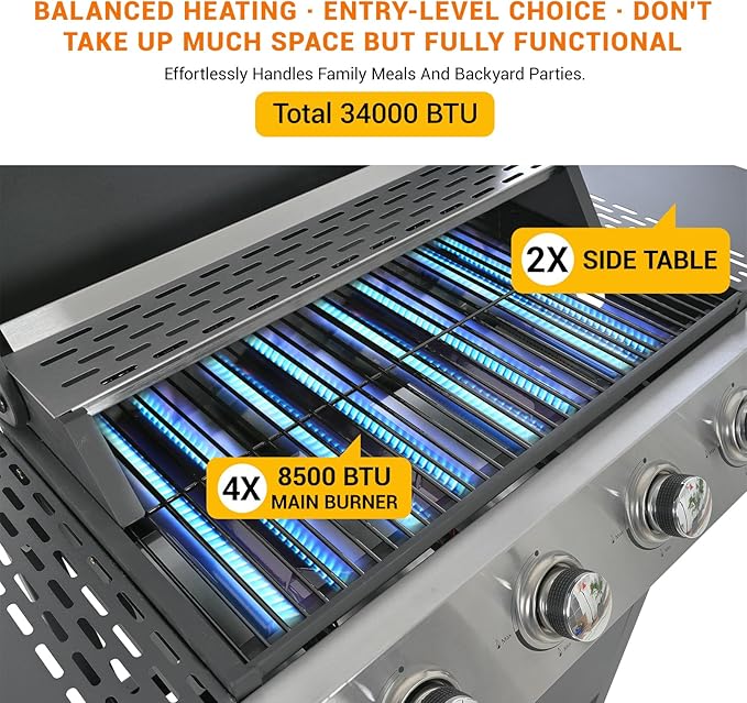 4-Burner Stainless Steel Gas Grill | 34,000 BTU Total Output & 421 sq.in Cooking Area | Powerful Even-Heat System for Large Family BBQs & Backyard Parties