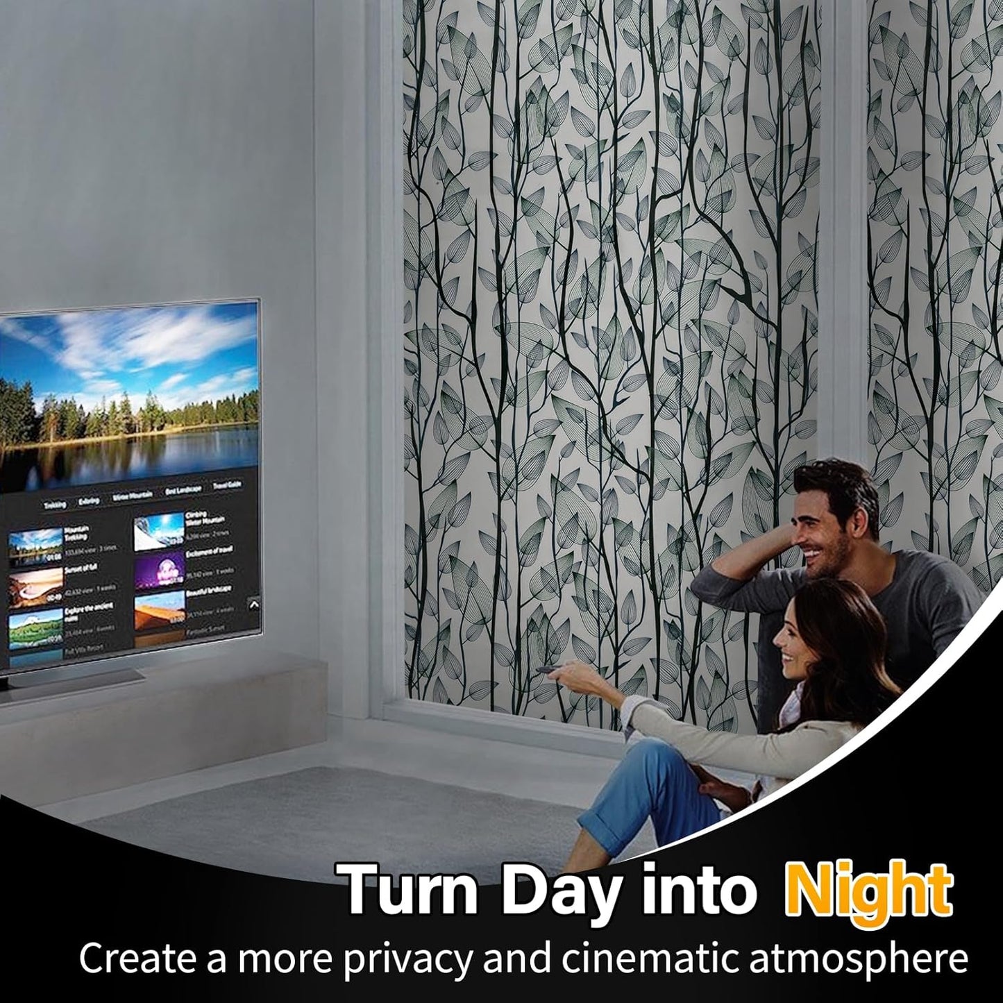 Leaf Pattern Window Tint with Installation Tools, Blackout Window Cover, Sun Blocking Window Tint for Home (Full Blackout Opaque, 35.4'' x 78.7'')