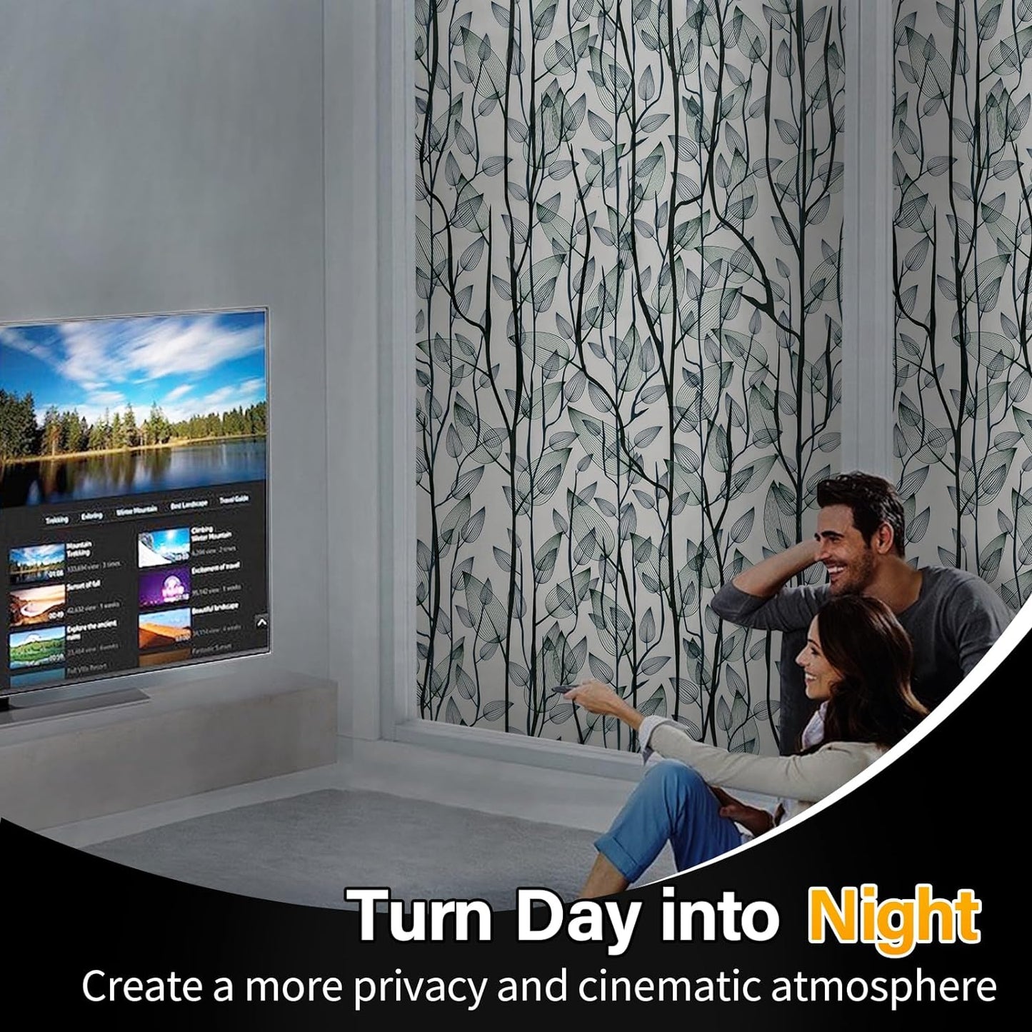 Leaf Pattern Window Tint with Installation Tools, Blackout Window Cover, Sun Blocking Window Tint for Home (Full Blackout Opaque, 17.7'' x 118.1'')