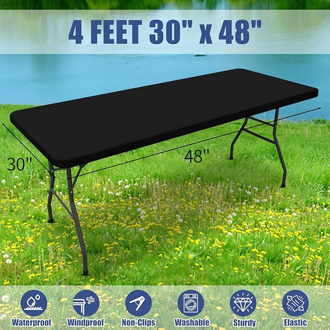 Spandex 6 Foot Rectangle Table Cloth 6 Pack, Elastic Fitted Tablecloths for Picnic, Stretch Washable Patio Table Cover for Outdoor, Camping, Banquet and Parties (Black, 30"x48")