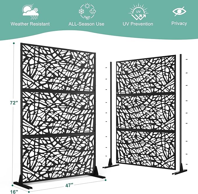 Metal Privacy Screen for Outdoor & Indoor Use, Free Standing Privacy Screen for Patio Garden Pool, 72" H x 47" W Decoative Privacy Panels, Weather Resistant, Easy Assembly (Black Net)