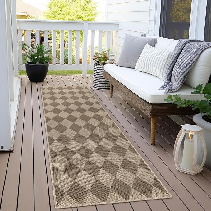 Easy Jute Checkered Runner Rug, 2x6 Brown Modern Washable Rugs Runner for Hallway Non-Slip Long Kitchen Rug, Geometric Diamond Indoor Outdoor Carpet for Porch Laundry Entryway