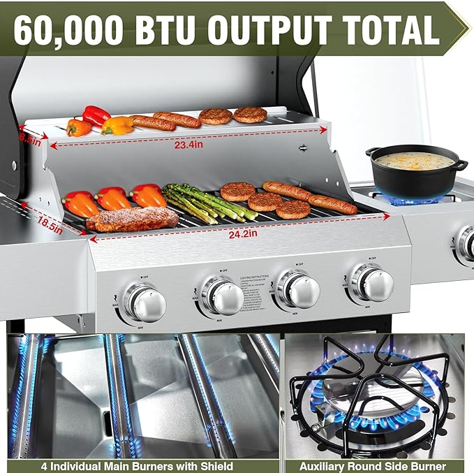 BESTFIRE 60,000 BTU 4+1 Burner Propane Gas Grill - 647 sq. inches Stainless Steel Outdoor BBQ with Porcelain-Enameled Cast Iron Grates, Side Burner & Storage Cabinet for Patio and Backyard Cooking