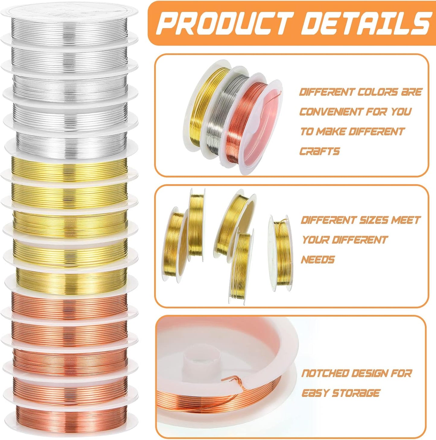 Mixweer 15 Pcs 5 Size Copper Wire 18 20 22 26 32 Gauge Tarnish Resistant Jewelry Wire for Jewelry Making 121 Yard Metal Beading Crafting, Rose Gold, Silver and Gold