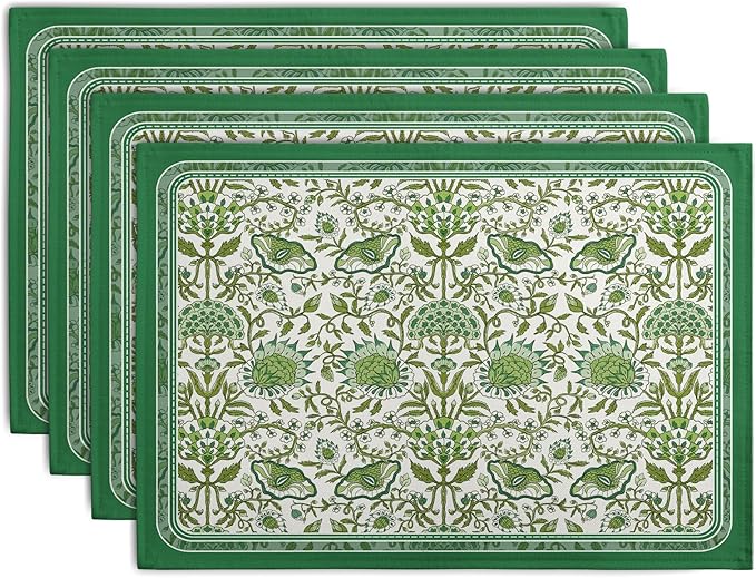 Green Floral Boho Placemats Set of 4, 12x18 Inch Vintage Chinoiserie Block Print Place Mats Seasonal Spring Summer Rustic Farmhouse Table Mats for Party Kitchen Dining Outdoor Indoor Decor