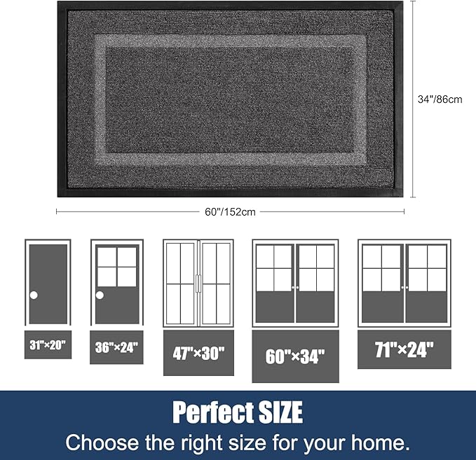Extra Large Front Door Mat Outside Entrance Indoor Doormat, 60" x 34" Outdoor Mats for Patio Waterproof, Outdoor Door Mats for Outside Entry, Indoor Rugs for Entryway, Sturdy Natural Rubber, Grey
