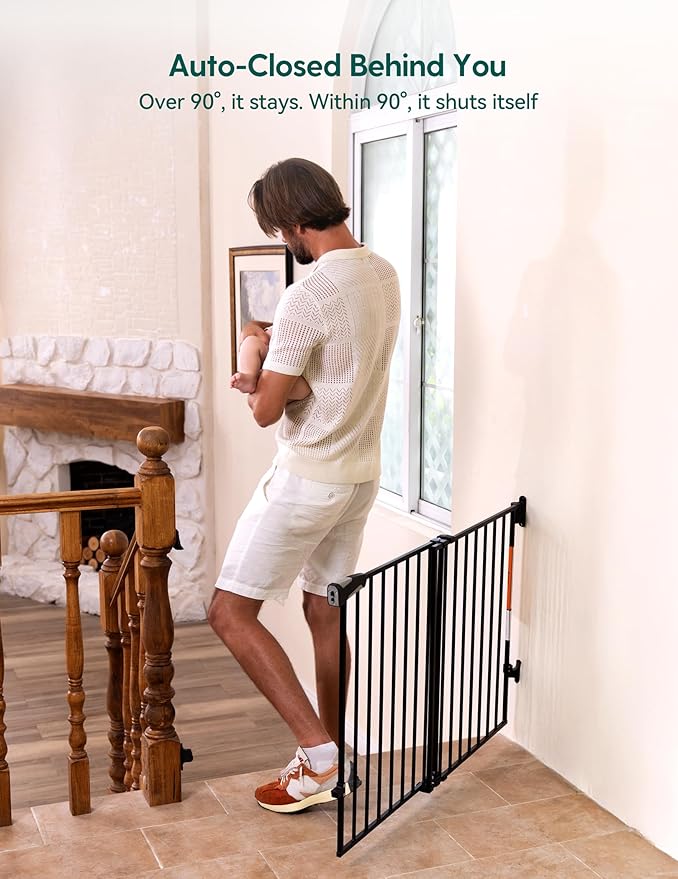 Babelio Baby Gate for Stairs, Kitchen & Doorways, No Bottom Bar| Easy Installation| One-Handed Operation| Auto-Close| Hardware Mount (Drill Needed) Safety Dog Gate (Black - B17, 34" H, 29-49" W-Wide)