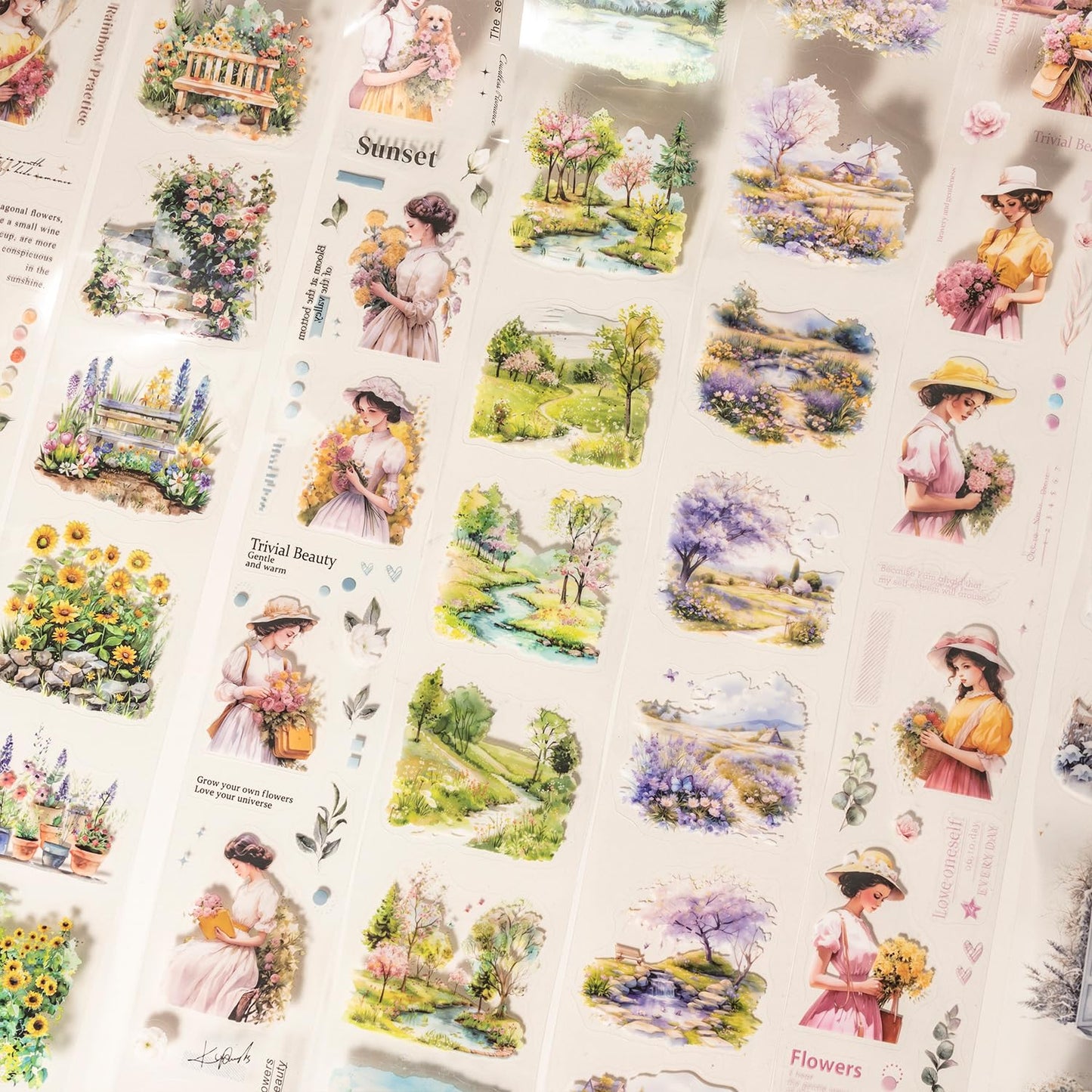 Garden and Girl PET Tape Set, 4 Rolls Pre-Cut Adhesive Tapes for Scrapbooking, Journaling, DIY Crafts, and Art Supplies