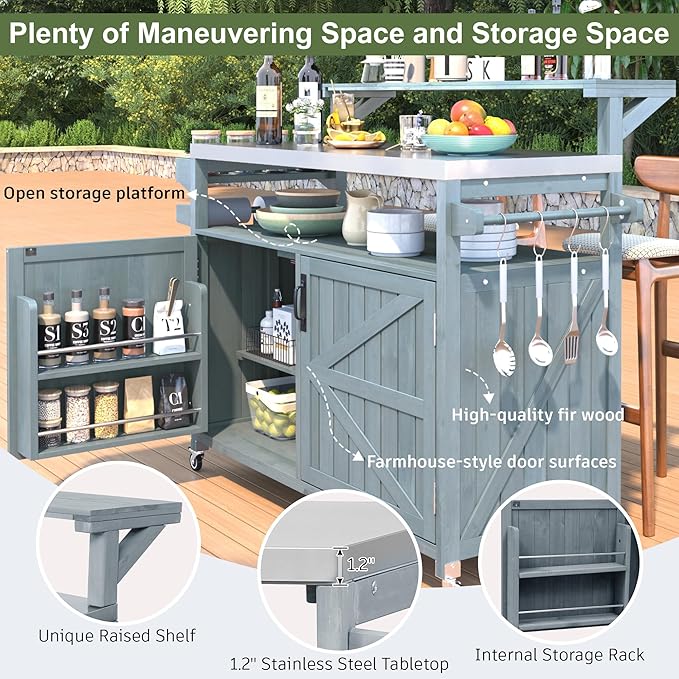 53.3" Outdoor Kitchen Island with Stainless Steel Top, Rolling Grill Cart with Adjustable Shelves, Raised Shelf, Lockable Wheels, Portable Outdoor Table and Bar Storage Cabinet for Patio
