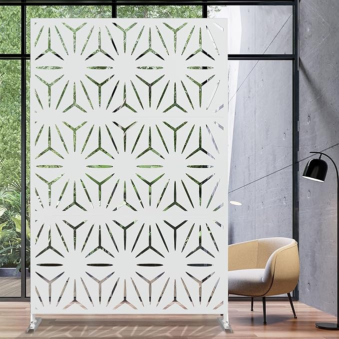Elevens Free Decorative Privacy Screen with Stand, Outdoor Decor Privacy Fence Screen Metal Fence Panels, Outdoor Divider for Garden Patio Backyard, White-Star (A-GE04006)