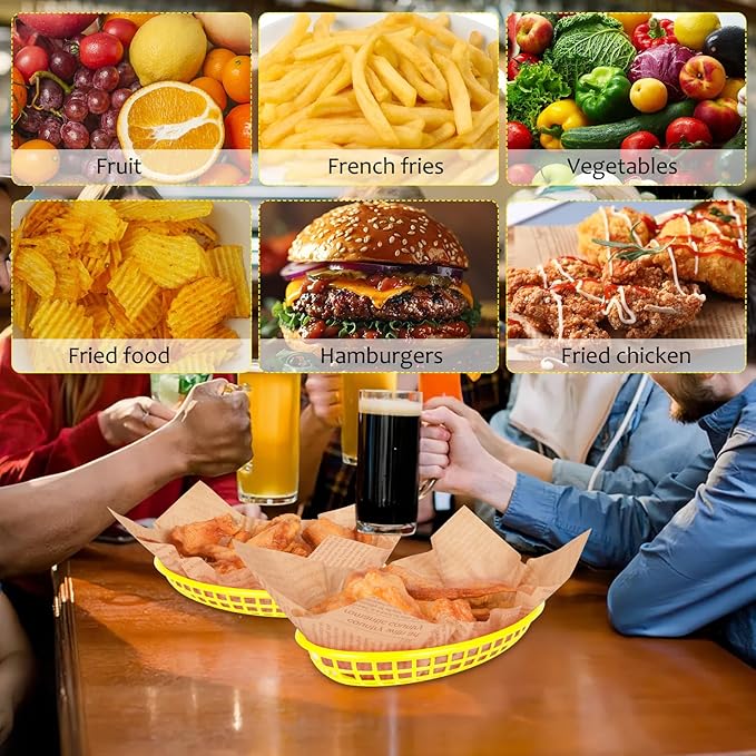 20 Pack Plastic Fast Food Baskets, 8.8" × 5.5" Small Oval Restaurant Serving Baskets Tray for Burgers, Sandwiches, Hot Dogs, Parties, Food Trucks, Reusable or Disposable, Stackable(Yellow)